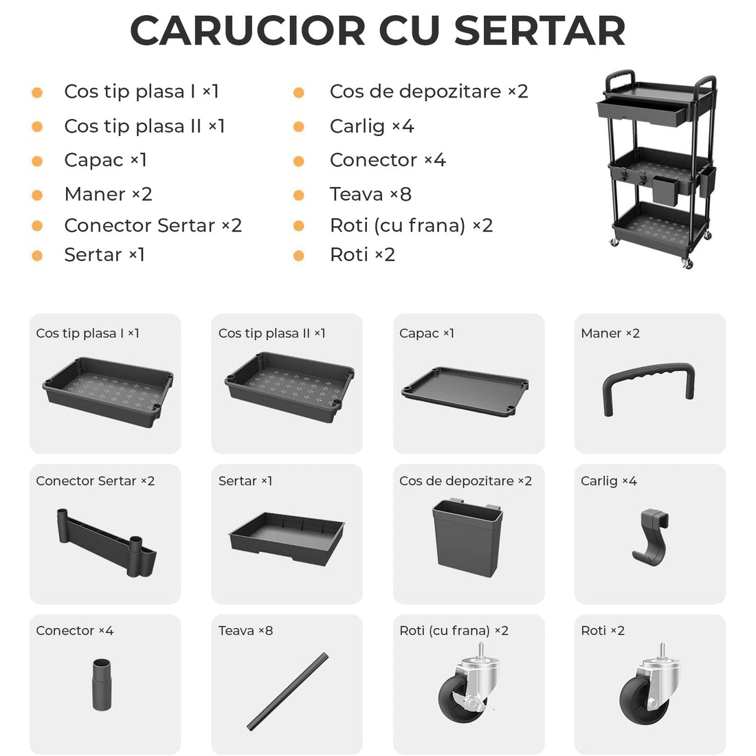 Carucior Organizator 3 Niveluri Elindor®, cu 1 Sertar si Roti 360°, Organizator Bucatarie, Multifunctional, Raft Mobil Organizare Baie, Camara, Birou, Bar,38 x 27 × 74 cm, Negru