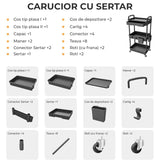 Carucior Organizator 3 Niveluri Elindor®, cu 1 Sertar si Roti 360°, Organizator Bucatarie, Multifunctional, Raft Mobil Organizare Baie, Camara, Birou, Bar,38 x 27 × 74 cm, Negru