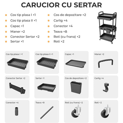 Carucior Organizator 3 Niveluri Elindor®, cu 1 Sertar si Roti 360°, Organizator Bucatarie, Multifunctional, Raft Mobil Organizare Baie, Camara, Birou, Bar,38 x 27 × 74 cm, Negru