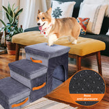 Scari Animale Elindor®, 3 Trepte pentru Caini si Pisici cu Spatiu Depozitare, Trepte Antiderapante pentru Pat sau Canapea, Structura din Placa de Inalta Densitate si Material Textil, pentru Dormitor, Living, 78 x 45 x 34 cm, Gri