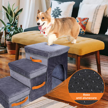Scari Animale Elindor®, 3 Trepte pentru Caini si Pisici cu Spatiu Depozitare, Trepte Antiderapante pentru Pat sau Canapea, Structura din Placa de Inalta Densitate si Material Textil, pentru Dormitor, Living, 78 x 45 x 34 cm, Gri