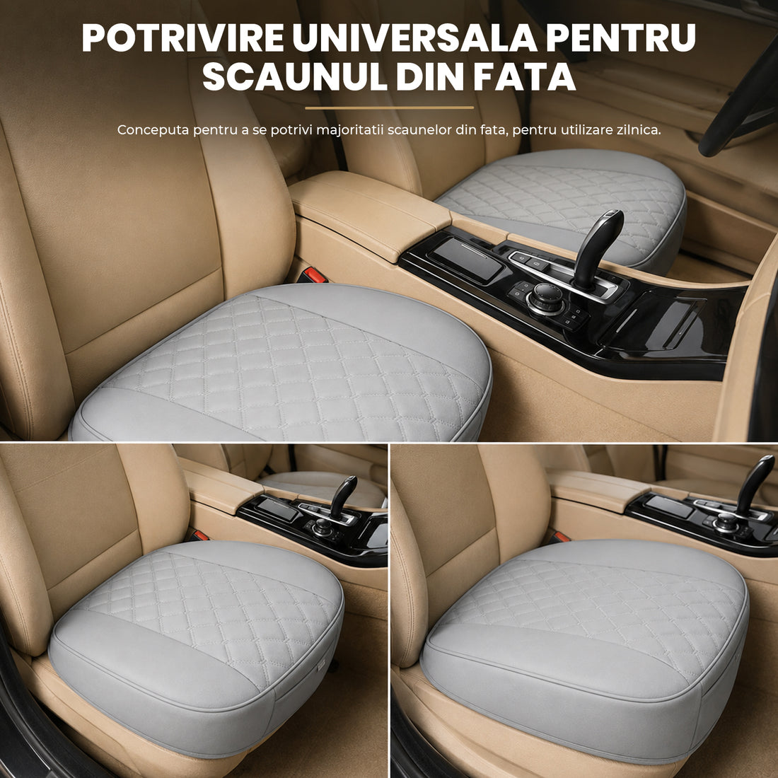 Husă Auto Universală 54 x 53 cm, Piele PU Matlasată, Anti-Alunecare, Design Elegant cu Buzunar de Depozitare, Gri