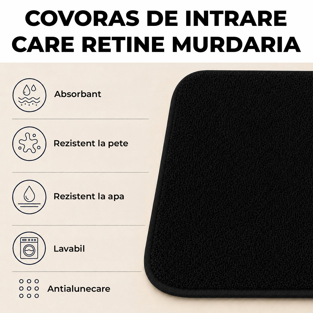 Covoras Antiderapant Elindor® pentru Intrare Casa, Lavabil la Masina, Super Absorbant, Moale, Durabil, Talpa Cauciucata Anti-Alunecare, Usor de Curatat, Pentru Interior si Exterior, 50 x 80 cm, Negru