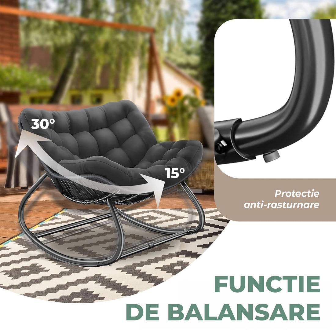 Fotoliu Balansoar Elindor® cu Spatar, Ergonomic, Cadru Solid din Otel, Suporta 120 kg, Ideal pentru Living, Dormitor, Exterior, Terasa, Negru