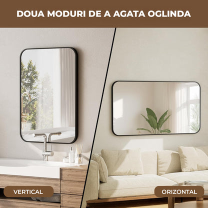 Oglinda Decorativa 122x75 cmElindor® Agatare pe Perete sau Sprijinita, Neagra, Dreptunghiulara, Colturi Rotunjite, Moderna si Eleganta, Reflexie HD, Sticla fara Distorsiuni, Ideala pentru Dormitor, Living, Birou, Dressing, Hol, Baie, Rama Metalica,