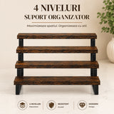 Raft Elindor® pe 4 Nivele, Rafturi Suprapus pentru Bucatarie, Organizator Ideal ca Etajera Depozitare in Camara sau Birou, Perfect pentru Condimente, Vesela, Farfurii, Stabil si Compact, Polita pentru Obiecte, 34.5 x 21 x 43.2 cm, Maro Rustic