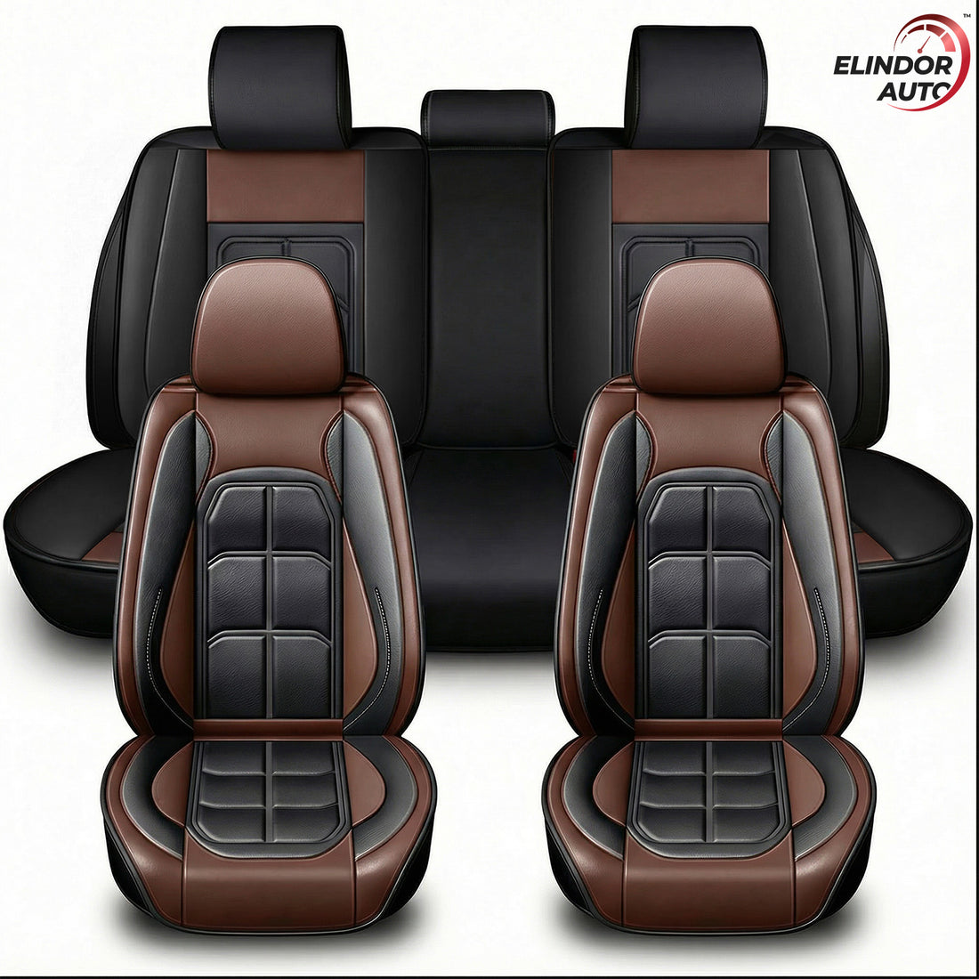 Set 5 Huse Scaune Auto Elindor® Universale, Husa pentru Protectie Sezut si Spatar Scaun Fata si Bancheta Spate, Impermeabila, Piele Ecologica, Accesorii Masina Huse Interior, Maro