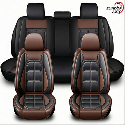 Set 5 Huse Scaune Auto Elindor® Universale, Husa pentru Protectie Sezut si Spatar Scaun Fata si Bancheta Spate, Impermeabila, Piele Ecologica, Accesorii Masina Huse Interior, Maro