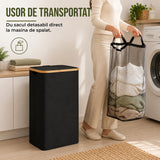 Cos de Rufe Elindor® Pliabil si Impermeabil, Lavabil, Cadru din Bambus, cu Capac si Sac de Haine Murdare Detasabil, Recipient Sortare Dreptunghiular de 100 L, Ideal pentru Baie Casa sau Hotel, 74 x 41 x 33 cm, Material Textil, Negru