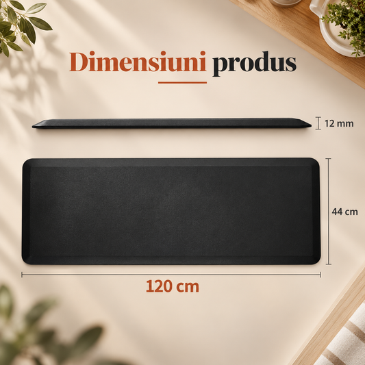Covor Bucatarie Elindor®, Anti-Oboseala, Spuma Moale, Baza Antiderapanta, Margini Inclinate, Usor de Curatat, pentru Bucatarie si Birou, 120 x 44 cm, Grosime 12 mm, Negru
