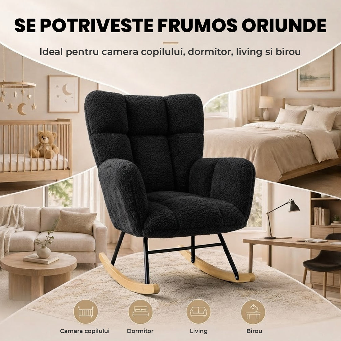 Fotoliu Balansoar Elindor® cu Spatar, Ergonomic, Cadru Solid din Otel, Ideal pentru Living, Dormitor, Camera Copilului, 68 x 88 x 93 cm, Negru