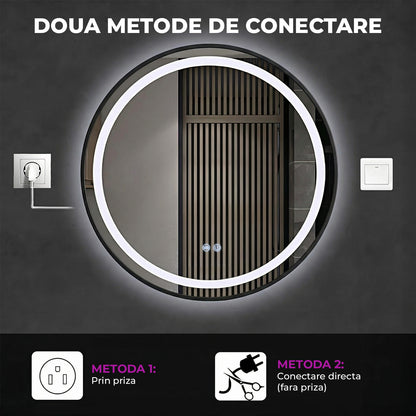 Oglinda de Perete Elindor® Rotunda, Antiaburire, cu Rama Neagra, Ideala pentru Baie, Iluminare Led, 3 Culori Lumina, Dimabila, Buton ON/OFF Luminat si Noaptea, Rezistenta la Umiditate IP44, 80 x 80 cm