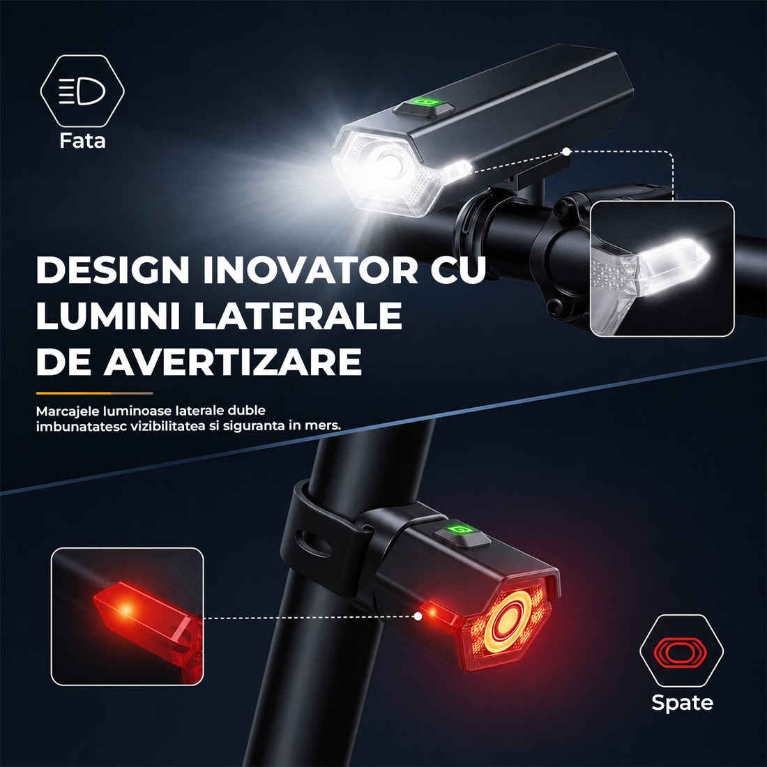 Set Lumini pentru Bicicleta Elindor®, Far Fata si Stop Spate LED, 10 Moduri de Iluminare, Incarcare USB-C, Impermeabil IP65, Rotire 360°, Faruri cu Acumulator Reincarcabil, Accesorii Bicicleta, 350 Lumeni, Negru