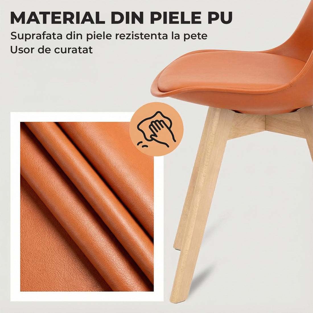 Set 4 Scaune Bucatarie Elindor® din Piele Ecologica, Picioare din Lemn, Scaun Confortabil, Perna Sezut, Elegant, pentru Bucatarie, Dormitor, Living, 50 x 45 x 81 cm, Portocaliu