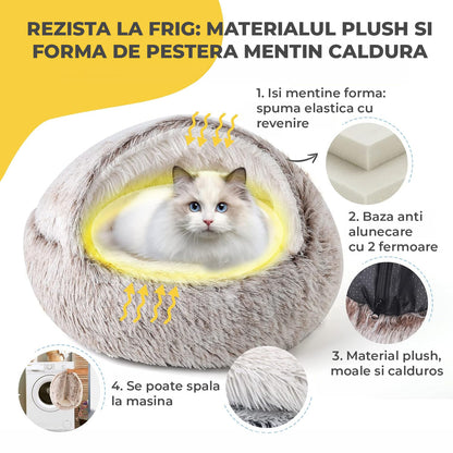 Pat Confortabil pentru Caini si Pisici Elindor® Rotund, Culcus Moale Antiderapant, Potrivit pentru Caine si Pisica de Talie Mica si Medie, Ideal in Orice Anotimp, in Casa, 60 × 60 × 16 cm, Gri / Bej