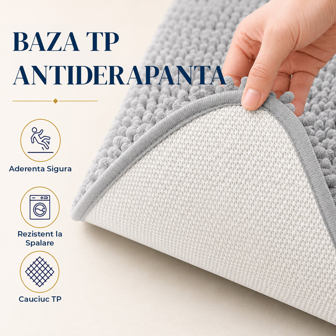 Covor de Baie Elindor® din Microfibra, Extra Moale si Pufos, cu Fibre Dense, Antiderapant, Absorbant, Dreptunghiular, Potrivit in Fata la Cada, Cabina de Dus, WC, Chiuveta, Model Uni, 76 x 51 cm, Gri