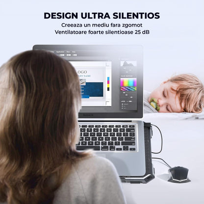 Cooler Laptop Gaming RGB Elindor® Suport cu Unghi Reglabil pe 6 Nivele, Dimensiuni Compatabile 13-15.6 Inch, 6 Ventilatoare Puternice si Silentioase 25dB, Viteza Ajustabila, 2 Porturi USB, pentru Birou, Calatorii, 41.6 x 28.5 x 2.8 cm, Negru