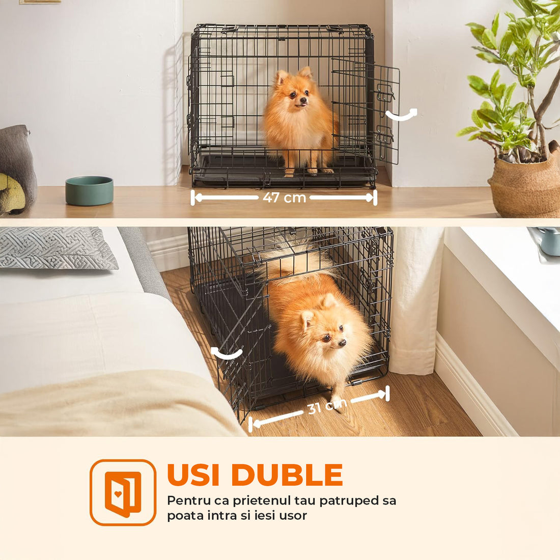 Cusca pentru Animale Elindor® Pliabila, Potrivita pentru Caini de Talie Mica, Medie de pana la 5 Kg, Utilizare in Interior si Exterior sau Calatorii, cu 2 Usi, Baza din Plastic Detasabila, 2 Manere pentru Transport, Marime S, 47 × 31 × 37.5 cm, Negru