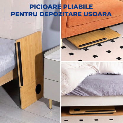 Masa Pliabila pentru Laptop Elindor® Suport Inaltime Reglabila 5 Trepte, Unghi Ajustabil, Antiderapanta, Usor de Depozitat, Birou Portabil cu Suport pentru Pahar si Mouse, Utilizare in Orice Loc, Ideala la Munca sau Mic Dejun la Pat, Bej