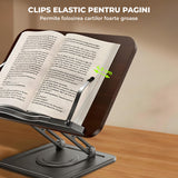 Suport de Carte Elindor® pentru Lectura, Accesoriu Carti Versatil, Reglabil si Pliabil, cu Baza Rotativa 360° si Cleme Elastice, pentru Carte de Bucate, Manuale, Retete, Partituri, 34 x 23 cm, Negru / Maro