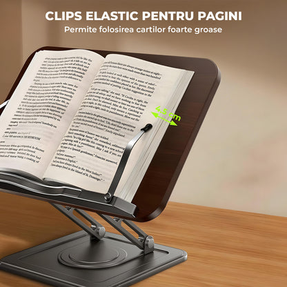 Suport de Carte Elindor® pentru Lectura, Accesoriu Carti Versatil, Reglabil si Pliabil, cu Baza Rotativa 360° si Cleme Elastice, pentru Carte de Bucate, Manuale, Retete, Partituri, 34 x 23 cm, Negru / Maro