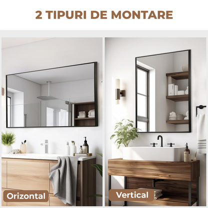 Oglinda Decorativa Elindor® Agatare pe Perete sau Sprijinita, Neagra, Dreptunghiulara, Moderna si Eleganta, Reflexie HD, Sticla fara Distorsiuni, Ideala pentru Dormitor, Living, Birou, Dressing, Hol, Baie, Rama Metalica, 90 x 60 cm