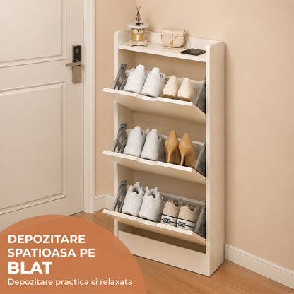 Organizator pentru Pantofi Elindor® Pantofar tip Dulap cu 3 Nivele Mari, Fara Gauri, Suport pentru Papuci, Dulap Hol, Living, Dormitor, Economisire Spatiu, Depozitare Incaltaminte, 50 x 17 x 120 cm, Bej