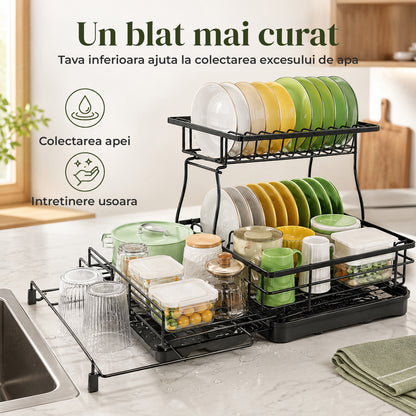 Scurgator de Vase Extensibil Elindor®, Suport Farfurii Chiuveta, Uscator Vesela, Tacamuri, Capace, Oale, Tigai, Pahare, Tocator, Tava din Plastic cu Scurgere Automata, Organizator Bucatarie Multifunctional, Otel Carbon, 54 x 42 x 37.5 cm, Negru
