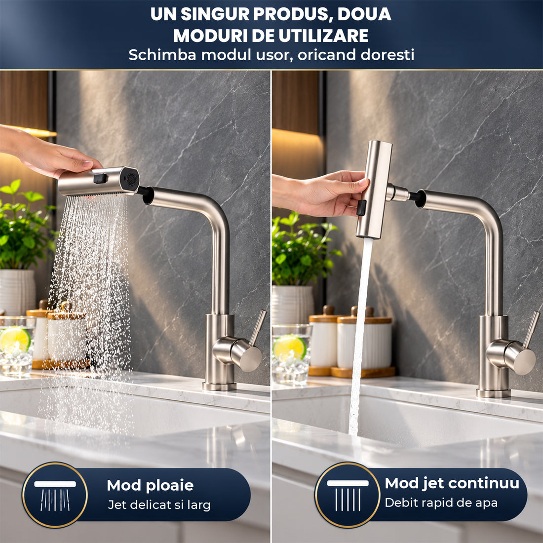 Baterie Chiuveta Baie Aurie Elindor® Robinet de Apa, Modern cu Pipa Extractibila, 4 Tipuri de Jet: Cascada, Delicat, Jet Puternic si Dus, Monocomanda, Rotativ 360°, pentru Bucatarie, Otel Inoxidabil SUS304, Finisaj Mat