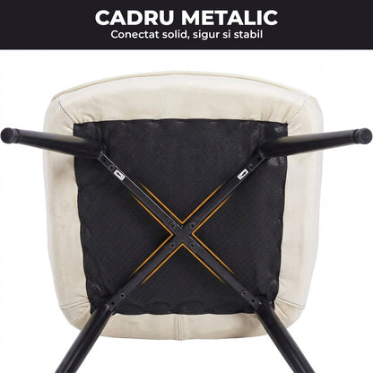 Set 2 Scaune Elindor® Ergonomice, Design Contemporan, Scaun cu Spatar si cu Manere, din Catifea cu Picioare Metalice Negre, Potrivite pentru Living, Bucatarie, Birou, Dormitor, 85 × 60 × 50 cm, Bej