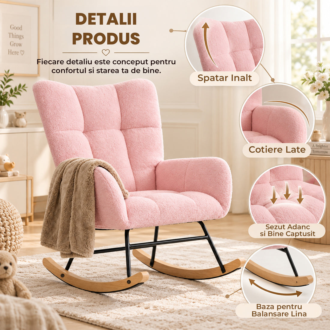Fotoliu Balansoar Elindor® cu Spatar, Ergonomic, Cadru Solid din Otel, Ideal pentru Living, Dormitor, Camera Copilului, 68 x 88 x 93 cm, Roz