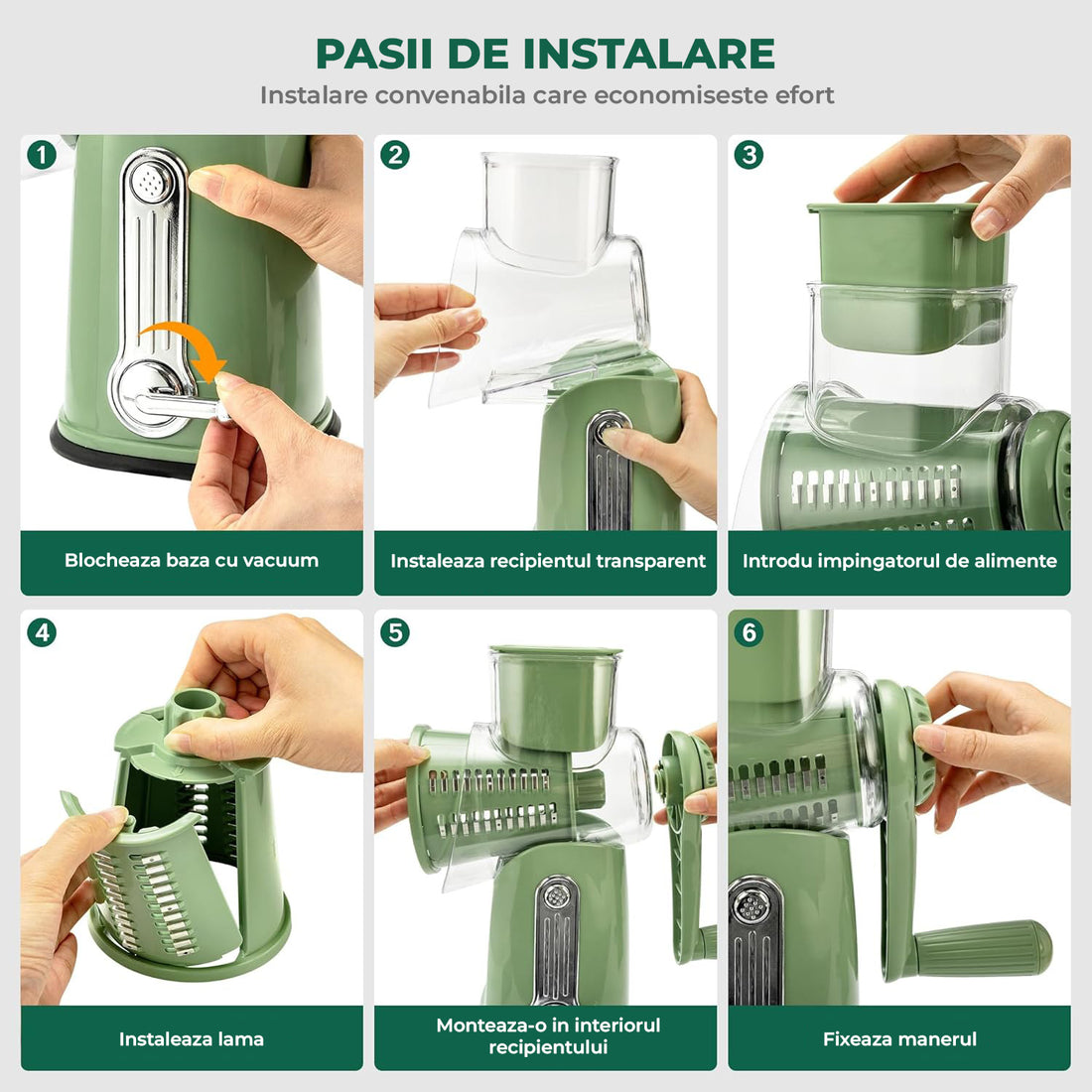 Razatoare Rotativa 5 in 1 Elindor® cu Maner, Lame din Otel Inoxidabil, Tocator Legume, Razatoare Branza, Nuci, Morcovi, Varza, Ustensila de Bucatarie, Design Compact, Multifunctional, Verde