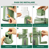 Razatoare Rotativa 5 in 1 Elindor® cu Maner, Lame din Otel Inoxidabil, Tocator Legume, Razatoare Branza, Nuci, Morcovi, Varza, Ustensila de Bucatarie, Design Compact, Multifunctional, Verde