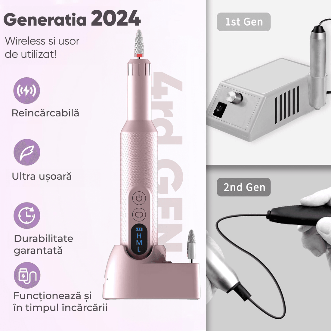 Freză unghii profesională wireless, 18.000 RPM, 12 capete, 36 benzi de șlefuire, roz