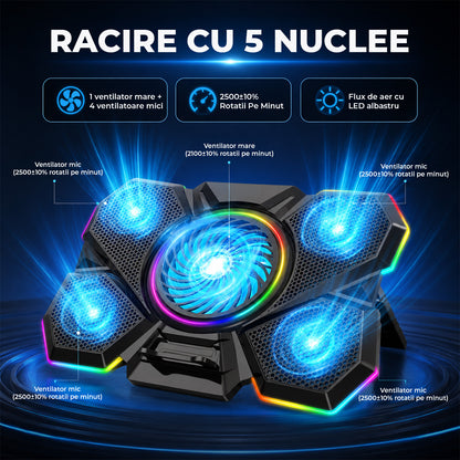 Cooler Laptop Gaming RGB Elindor® Suport cu Unghi Reglabil pe 7 Nivele, Viteza Ajustabila, Dimensiuni Compatabile 12-17 Inch, 5 Ventilatoare Puternice si Silentioase, 2 Porturi USB, pentru Birou, Calatorii, 40.6 x 27.5 x 2.9 cm, Negru