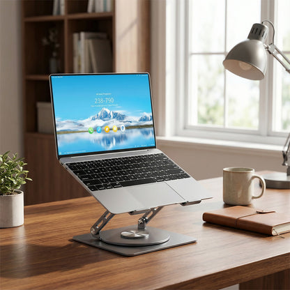 Suport Laptop si Tableta Elindor®, Masa Ergonomica Reglabila si Portabila, Stand Universal cu Baza Rotativa 360°, Antiderapanta, Compatibil 10–15.5 Inch, Ideal pentru Birou, Acasa si Calatorii, Gri