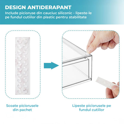 Set 3 Cutii Organizatoare Elindor® din Plastic, Cutie Depozitare si Organizare cu Sertare Glisante, pentru Accesorii, Parfumuri, Organizator pentru Sertar, Dulap, Frigider, Multifunctional pentru Bucatarie, Baie, Dormitor, Camara, Bar, Birou, Transparent