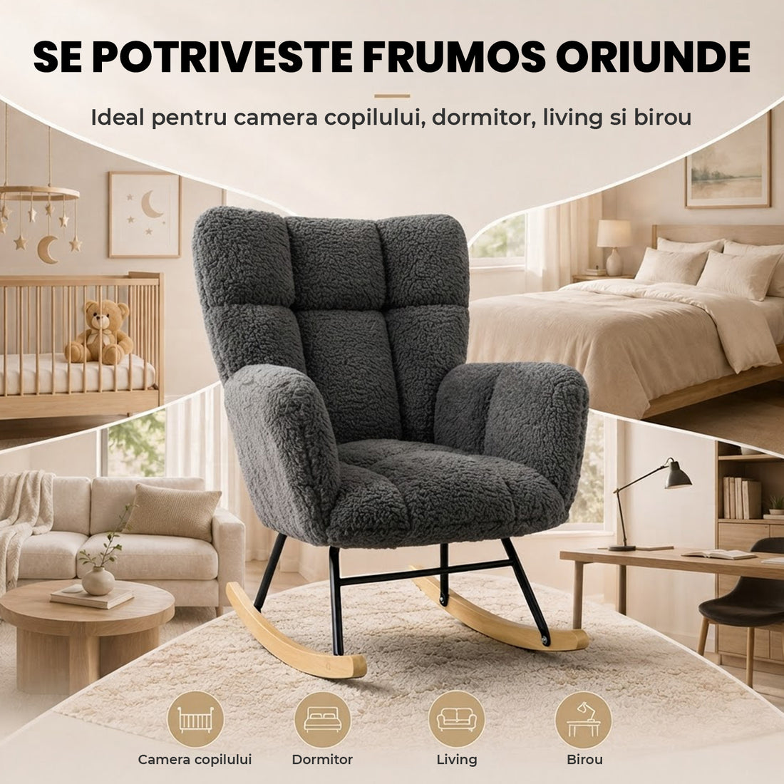 Fotoliu Balansoar Elindor® cu Spatar, Ergonomic, Cadru Solid din Otel, Ideal pentru Living, Dormitor, Camera Copilului, 68 x 88 x 93 cm, Gri Inchis