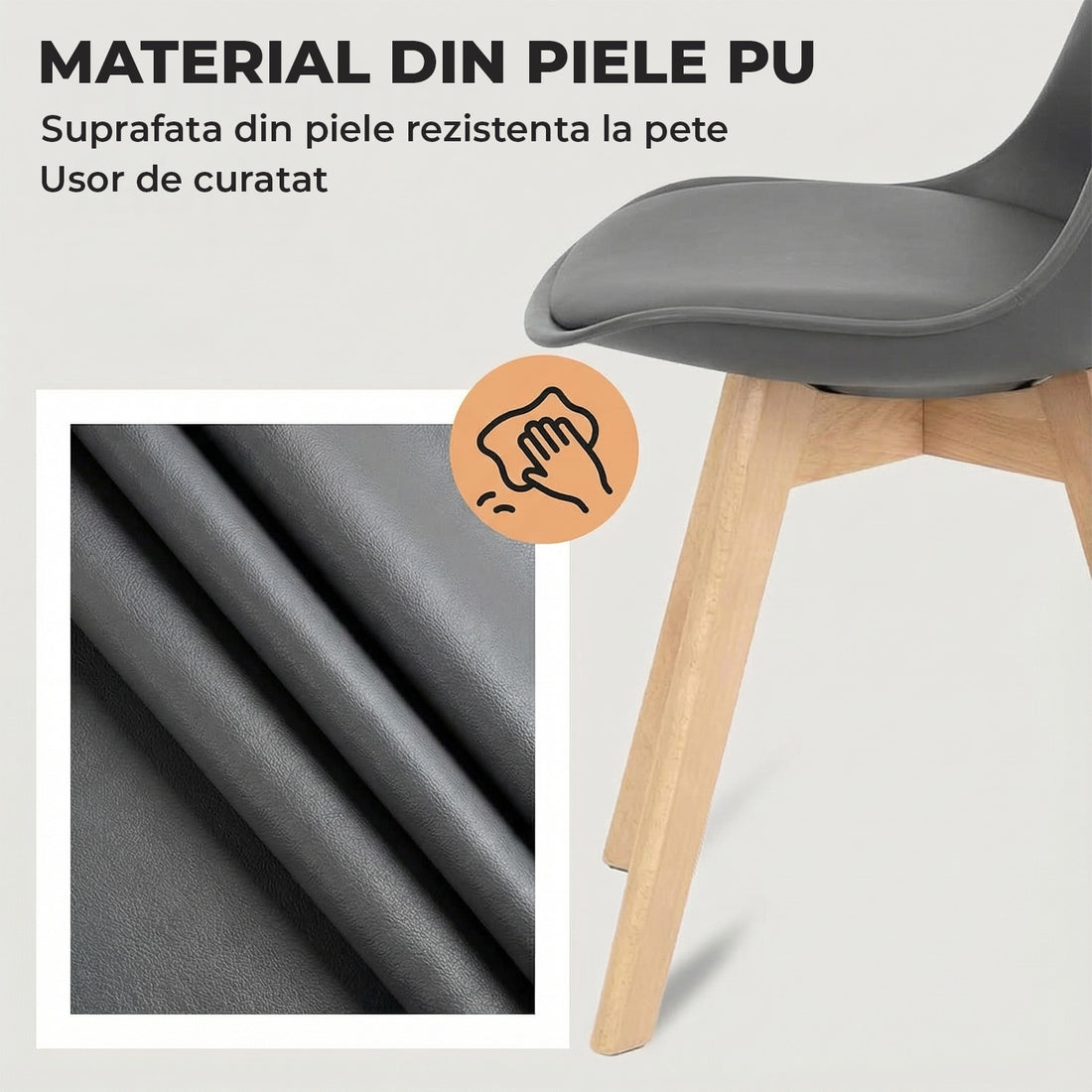 Set 4 Scaune Bucatarie Gri Elindor® din Piele Ecologica, Picioare din Lemn, Scaun Confortabil, Perna Sezut, Elegant, pentru Bucatarie, Dormitor, Living, 50 x 45 x 81 cm