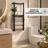 Raft Prosop Elindor® Etajera Prosoape Dus, Suport Organizare Perete sau Podea, Organizator Baie, Polita din Otel Carbon si Lemn, 77 x 28.5 x 14 cm, Negru