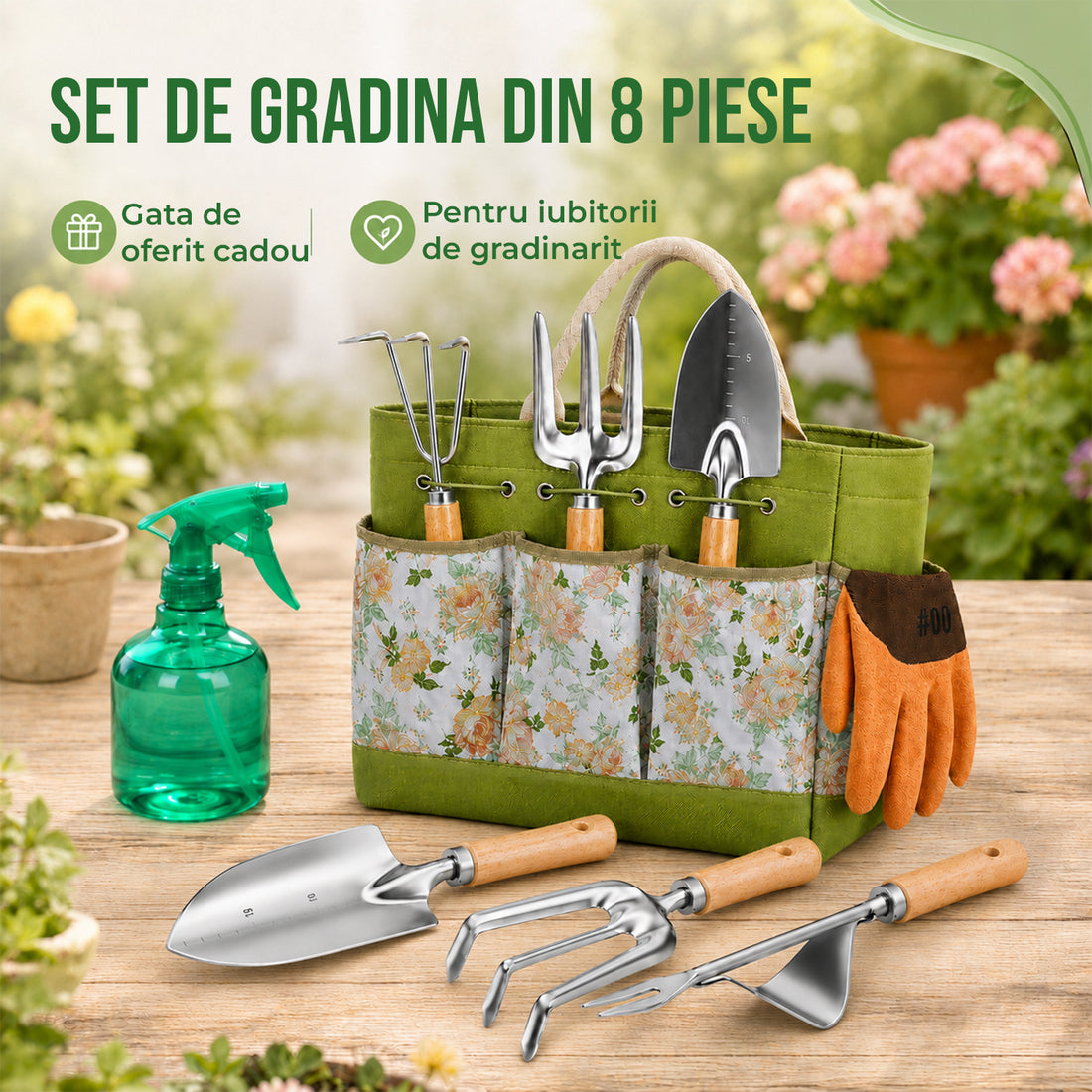 Set 8 Accesorii Elindor® pentru Gradinarit, Instrumente din Otel Inoxidabil, cu Maner Ergonomic din Lemn de Fag, Geanta de Gradina cu Maner si 5 Buzunare, Model Floral, Manusi Protectie, Grebla, Lopatica, Sticla Pulverizare, Cleste, Accesorii Plante