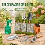 Set 8 Accesorii Elindor® pentru Gradinarit, Instrumente din Otel Inoxidabil, cu Maner Ergonomic din Lemn de Fag, Geanta de Gradina cu Maner si 5 Buzunare, Model Floral, Manusi Protectie, Grebla, Lopatica, Sticla Pulverizare, Cleste, Accesorii Plante