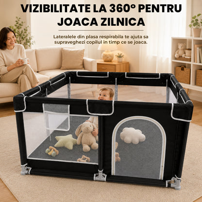 Tarc de Joaca pentru Bebelusi si Copii Elindor® cu Husa Groasa din Spuma, Spatiul Sigur de Joaca, Plasa de Protectie, Include Usa cu Fermoar, Materiale Eco-Friendly și Non-Toxice, Varsta 0-5 ani, 150 x 150 x 65 cm, Negru