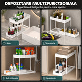 Organizator Multifunctional Elindor® pe 2 Niveluri, Sertar Glisant Organizare, pe Blat sau in Dulap sub Chiuveta, 16 Carlige, pentru Bucatarie, Baie, Camara, Bar, Raft cu Sertare Depozitare Legume, Detergenti, Parfumuri, 39.5x21.6x39 cm, Alb