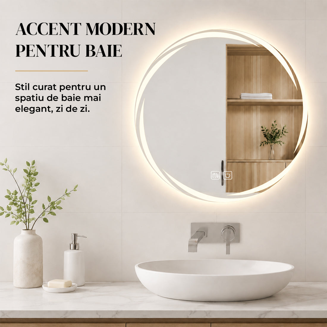 Oglinda de Perete Elindor® Rotunda, fara Rama, Antiaburire, Ideala in Baie, Iluminare Led, Buton ON/OFF Luminat, Rezistenta la Umiditate IP44, Model Halo, 60 x 60 cm, Transparent