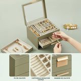 Cutie de Bijuterii Elindor® cu Capac, Organizator 4 Niveluri, 3x Sertar, Spatiu Depozitare Inel, Verighete, Lantisoare, Bratari, Cercei, Caseta din Material Catifelat, Rafinat, Simplu si Elegant, Piele Ecologica, 23×20x16.5 cm, Verde Masliniu