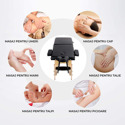 Masa de Masaj Elindor® cu Tetiera, Pliabila si Portabila, Universala, Usor de Transportat, Pat Cosmetica, Saltea Burete, Inaltime Reglabila 64-86 cm, Greutate Maxima Suportata 100 kg, Lemn/Piele ecologica, Negru