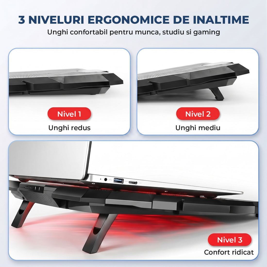 Cooler Laptop Gaming RGB Elindor® Suport cu Unghi Reglabil, Dimensiuni Compatabile 12-17.3 Inch, 6 Ventilatoare Puternice si Silentioase 26dB, Viteza Ajustabila, 2 Porturi USB, pentru Birou, Calatorii, 41.7 × 30 × 3 cm, Negru