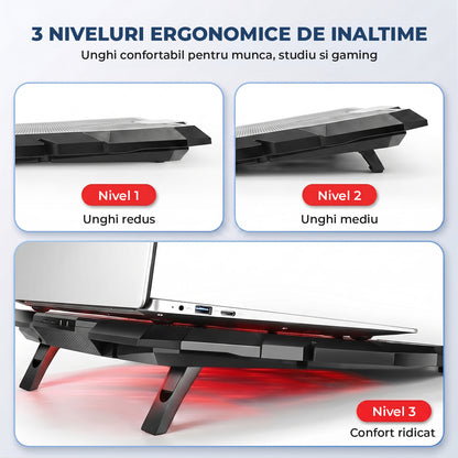 Cooler Laptop Gaming RGB Elindor® Suport cu Unghi Reglabil, Dimensiuni Compatabile 12-17.3 Inch, 6 Ventilatoare Puternice si Silentioase 26dB, Viteza Ajustabila, 2 Porturi USB, pentru Birou, Calatorii, 41.7 × 30 × 3 cm, Negru
