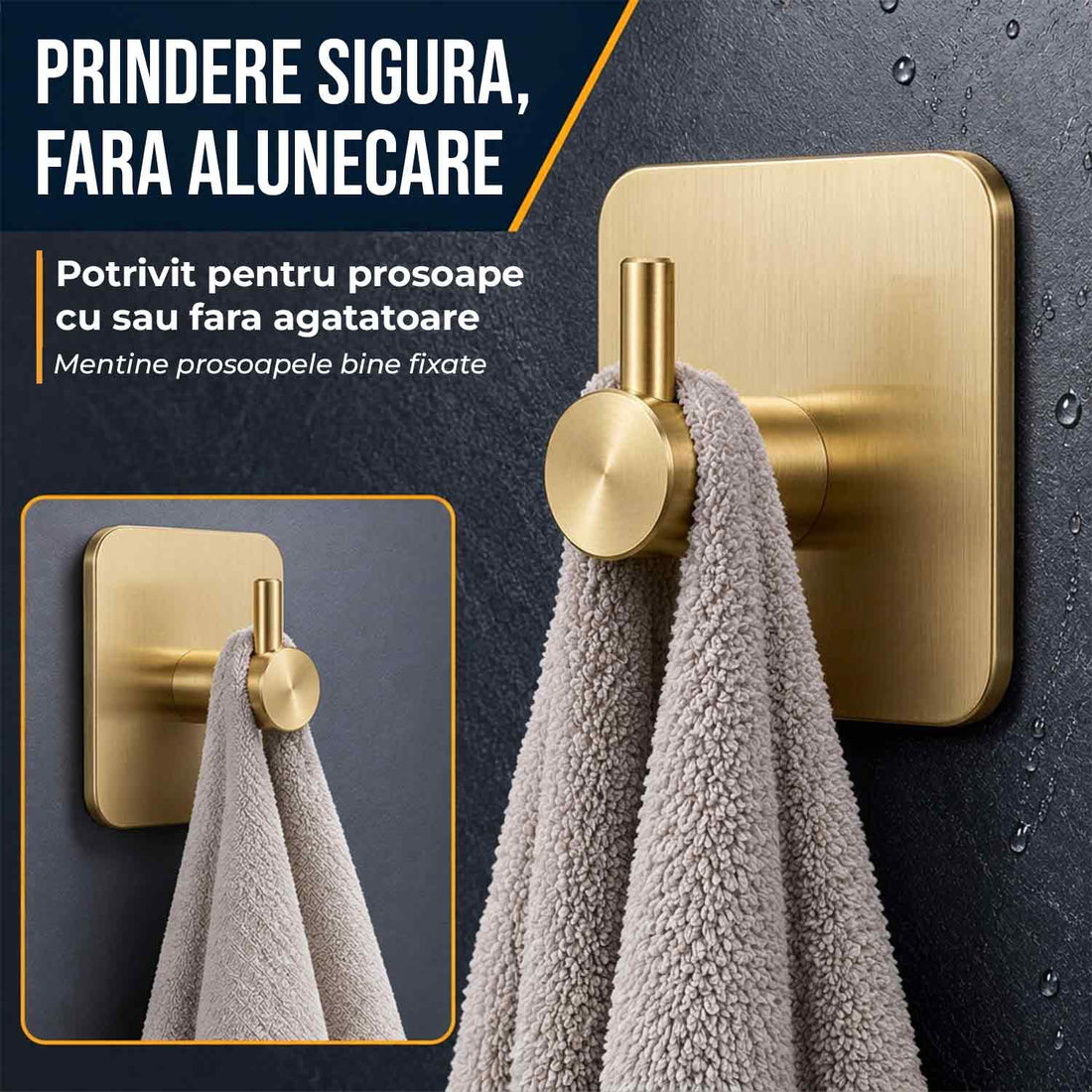 Set 6 Carlige Adezive Elindor® din Otel Inoxidabil, Montare Fara Gaurire, Greutate Mxima Suportata 10 kg, Design patrat si Colturi Rotunjite, Instalare Usoara, Ideal pentru Baie, Bucatarie sau Birou, 4.5 x 4.5 cm, Auriu